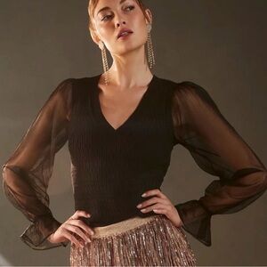 Maeve by Anthropologie Black V-Neck Sheer Sleeve Sweater